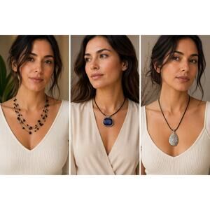 Boho Statement Necklace – 3 Pc | Blue Pendant, Silver Drop, Beaded Multi-Strand